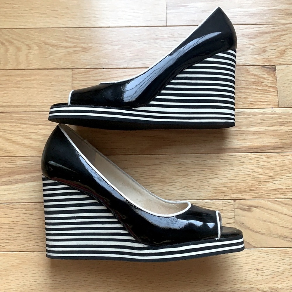 Black Patent Peep-Toe Wedge Pumps - Women's